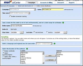 Datos de la campaÃ±a en AdCenter