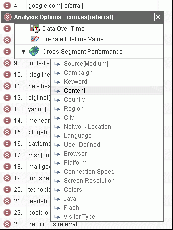 Menu para analizar el origen exacto de las visitas