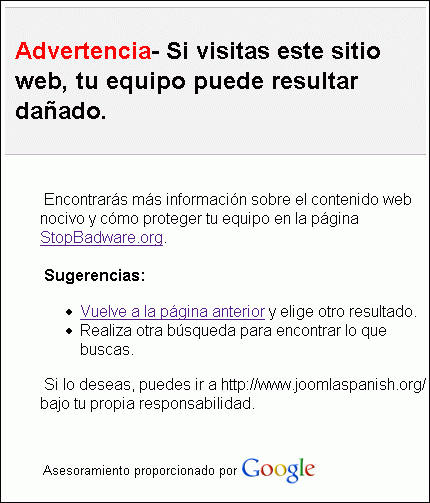 Advertencia de Google sobre Jooma Spanish
