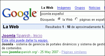 Resultados de Joomla Spanish in Google