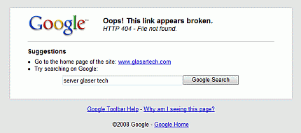 La página 404 de Google Toolbar 5 Beta del Internet Explorer