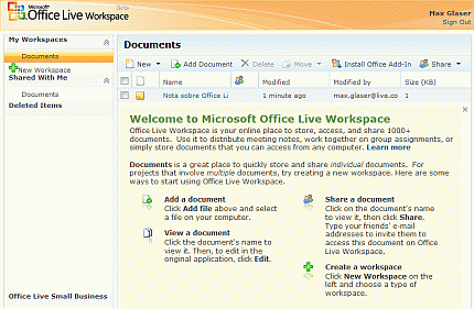 Microsoft Office Live Workspace - Página inicial
