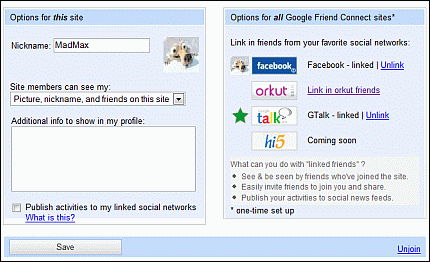 Opciones de Google Friend Connect